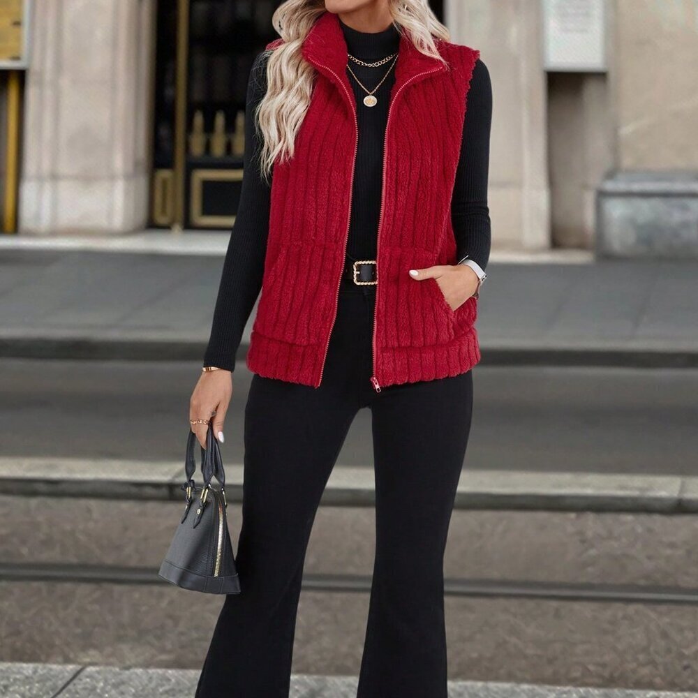 Red Casual Women's Zip Closure Vest Jacket